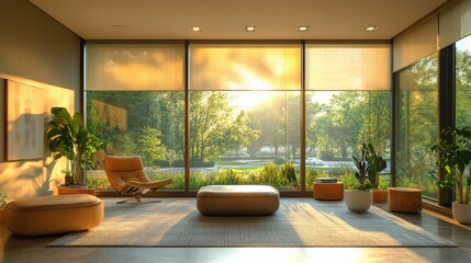 Poster - Sunlight floods a contemporary living room with large windows, illuminating a cozy space with stylish furniture and vibrant plants as evening approaches.