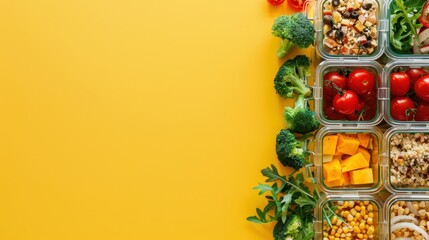 Wall Mural - Healthy meal prep with fresh vegetables and grains in glass containers on yellow background