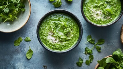 Wall Mural - Delicious spinach soup in rustic bowls with fresh leaves on a textured surface