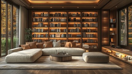 Poster - A stylish living room features a plush sectional sofa adorned with soft cushions, surrounded by a wall of glowing bookshelves filled with books.