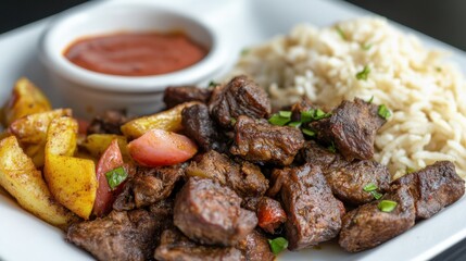 Wall Mural - Delicious grilled beef with rice and vegetables plated for a tasty meal