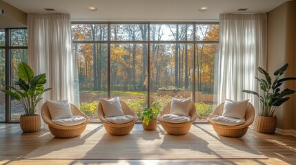 Poster - A tranquil seating area features four wicker chairs with cushions, surrounded by lush indoor plants. Sunlight floods the space, illuminating the colorful autumn leaves outside.