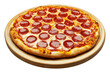 © Mr. Stocker - Freshly baked pepperoni pizza on wooden board, cut out - stock png.