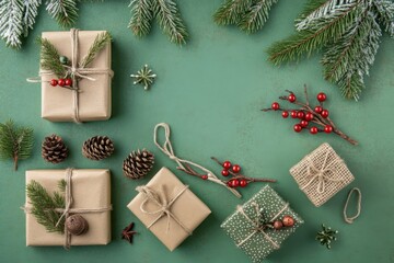 Festive Holiday Workshop: Overhead shot of charming craft gift boxes- rustic wooden ornament- pine cones- mistletoe berries- and snowy spruce twigs on green backdrop with room for greetings or ads