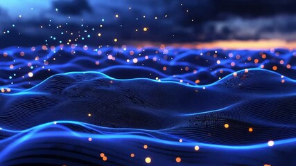 abstract digital landscape with glowing particles and wavy lines. perfect for tech, science, and fut