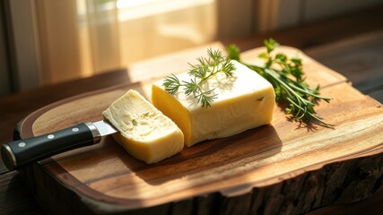 A block of fresh, creamy cheese sliced and arranged on a rustic wooden board with sprigs of fresh herbs, bathed in soft, natural light.