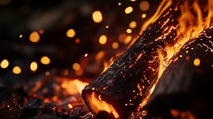Aufkleber - CloseUp of Glowing Firewood with Ember Sparks in Cozy Evening Campfire Setup : Generative AI