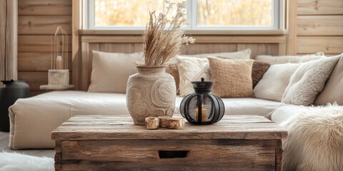 Wall Mural - Decorative lantern and decorative vase placed on a wooden table in a rustic living room, alongside a beige sofa and soft fur on the floor, creating a cozy atmosphere.