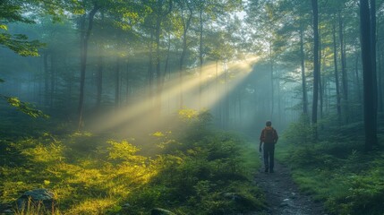 Poster - A hiker strolls down a serene forest path surrounded by trees and fog, with gentle sunlight breaking through the canopy at dawn, creating a tranquil atmosphere.