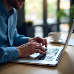 person working on laptop in a table corporate office work. cropped closeup picture of male fingers o