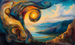 © BehikeChanel - Surreal landscape painting; swirling abstract forms frame a serene vista of mountains, sea, and sunset.  Ideal for meditation, dreamscape, and inner peace concepts.