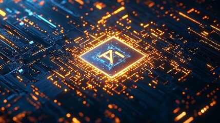 Aufkleber - Futuristic Circuit Board with Glowing AI Symbol in Neon Lights : Generative AI