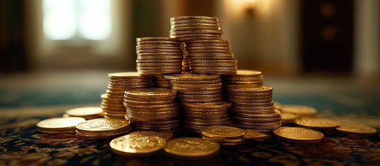 Aufkleber - Sparkling Gold Coin Stacks in Luxurious Interior with Soft Light and Elegant Decor : Generative AI