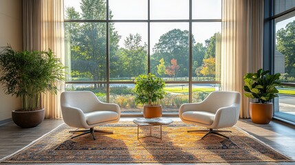 Poster - This inviting lounge area showcases two contemporary chairs positioned around a decorative table, surrounded by lush plants and a picturesque garden view.