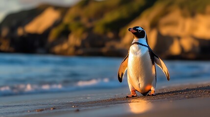 Leinwandbilder - Gentoo penguin strolling at the beach during colorful sunset at Falkland Islands : Generative AI