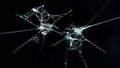 Intricate spiderwebs on black background, detailed macro shot of delicate strands and textures.  Perfect for Halloween or nature themes.