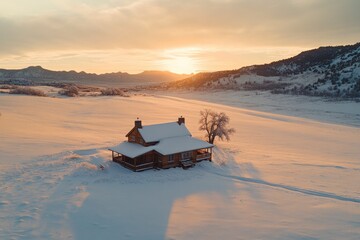 Wall Mural - A serene snow-covered landscape featuring a cozy cabin at sunset.