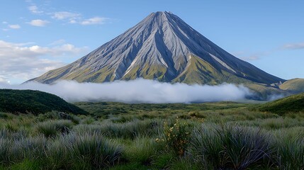 Wall Mural - a majestic mountain rises against a clear sky, surrounded by lush greenery and mist, showcasing natu