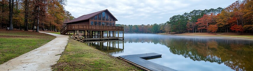Wall Mural - A serene lakeside view featuring a wooden cabin, surrounded by autumn foliage under a cloudy sky, with a path leading to the water's edge.