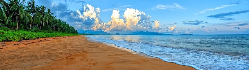 Wall Mural - A serene beach scene with golden sand, lush greenery, and tranquil blue waters under a partly cloudy sky.