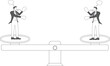 © Master Art - Business strategy and business conflict, games between competitors, fair play, two businessmen boxing on a balanced seesaw