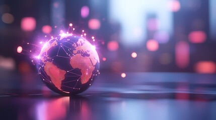 Global network connection, earth glowing with digital lines.