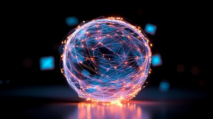 Glowing sphere with digital network connections and email icons.