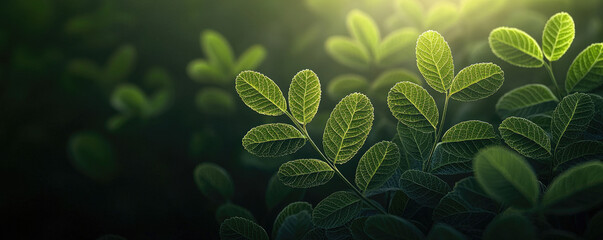 Poster - Close-up view of lush green leaves illuminated by soft natural light.