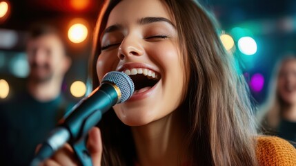 Wall Mural - Young woman singing passionately into microphone on vibrant stage with colorful lights and joyful audience