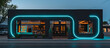 © PrimeStockGallery  - Contemporary boutique featuring a dark charcoal exterior with dynamic neon teal accents. The bright lighting adds a futuristic touch to the urban landscape