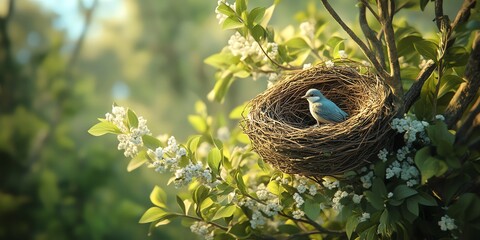 Wall Mural - A serene scene of a bird in a nest among blooming flowers in a lush environment.