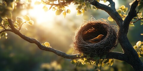 Wall Mural - A serene bird's nest perched on a branch, illuminated by soft sunlight.