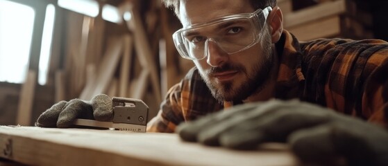 Wall Mural - A close-up shot of a carpenter in safety glasses and gloves, holding a saw and looking directly at the camera, with woodwork in the background