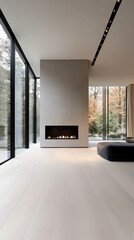 Wall Mural - Minimalist living room with a monochromatic palette, a sleek fireplace, and floor-to-ceiling windows for an open design