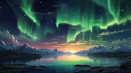 Wall Mural - beautiful cartoon style sky with aurora and stars. green northern lights