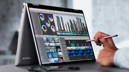 Fototapete - Video Editor Or Designer Using Editing Software Tech