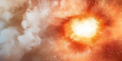 A bright orange explosion with a cloud of smoke in the background. The explosion is surrounded by a lot of sparks and the sky is cloudy