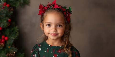 Wall Mural - A young girl wearing a green sweater and a red and green headband. She is smiling and looking at the camera