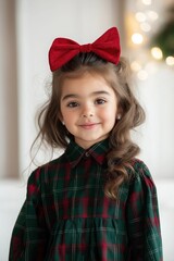 Wall Mural - A young girl wearing a green and red plaid shirt and a red bow in her hair. She is smiling and looking at the camera