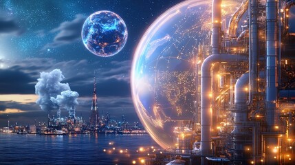 Wall Mural - a futuristic city with a large glowing sphere in the sky