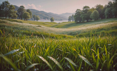 Poster - Field of grass with a lake in the background. The grass is green and the lake is calm