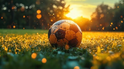 Wall Mural - Wet soccer ball on grass at sunset.
