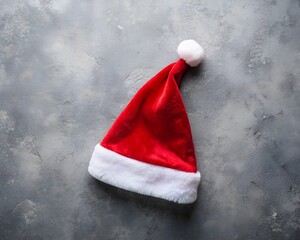 Wall Mural - A bright red Santa hat with a fluffy white brim and pom-pom lies on a grey surface, symbolizing the festive spirit and upcoming holiday cheer for all to enjoy