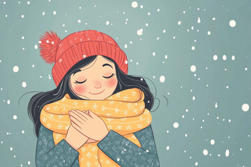 Wall Mural - a woman, a girl in a hat and scarf, holding her hands on her chest, thinking about something good, about happiness, about love, standing with closed eyes in the street under the snow coming down