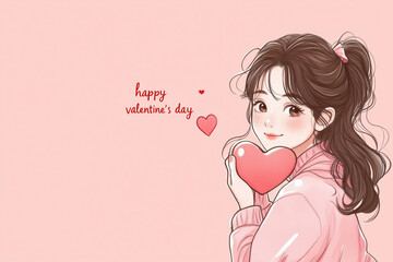 Wall Mural - happy valentine's day, love, valentine's day, woman, girl in sweater, holding a heart in her hand, with hearts above her, on pink background
