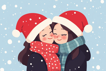 Wall Mural - love, valentine's day, two friends hugging while standing outside in santa hats in the snow