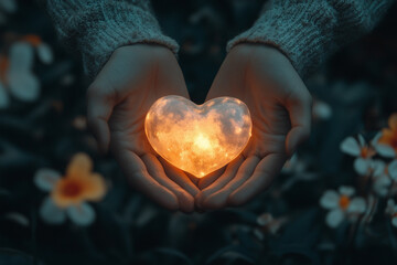 Wall Mural - A pair of hands holds a glowing heart symbolizing love, trust, generosity and giving.