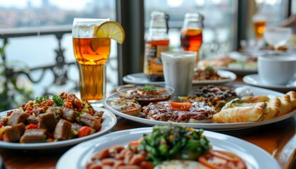 Enjoying a traditional turkish breakfast spread on a sunny day with a breathtaking landscape view