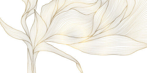 Vector gold leaf pattern, luxury flower pattern, japanese botanical illustration, line wave drawing. Plant ornament, wallpaper, spring element