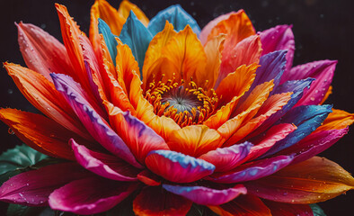 Poster - Colorful flower with a yellow center. The petals are orange, pink, and blue. The flower is in a vase